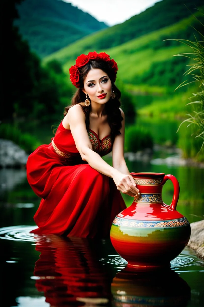 a woman in a red dress holding a vase, creative colorfull - makeup, with professional makeup, hand built ceramics, very very very beautiful face , nice country side with hills ,waterfall over a river with clear water,girls with perfect pretty face in folk costums and a jar, filling their jugs with water and some of them leaving while carring there jugs in there shouldes and 1beautiful girl with jug in shoulder in closeup , very nice mountains at distant, nice clouds in sky ,wide green field with