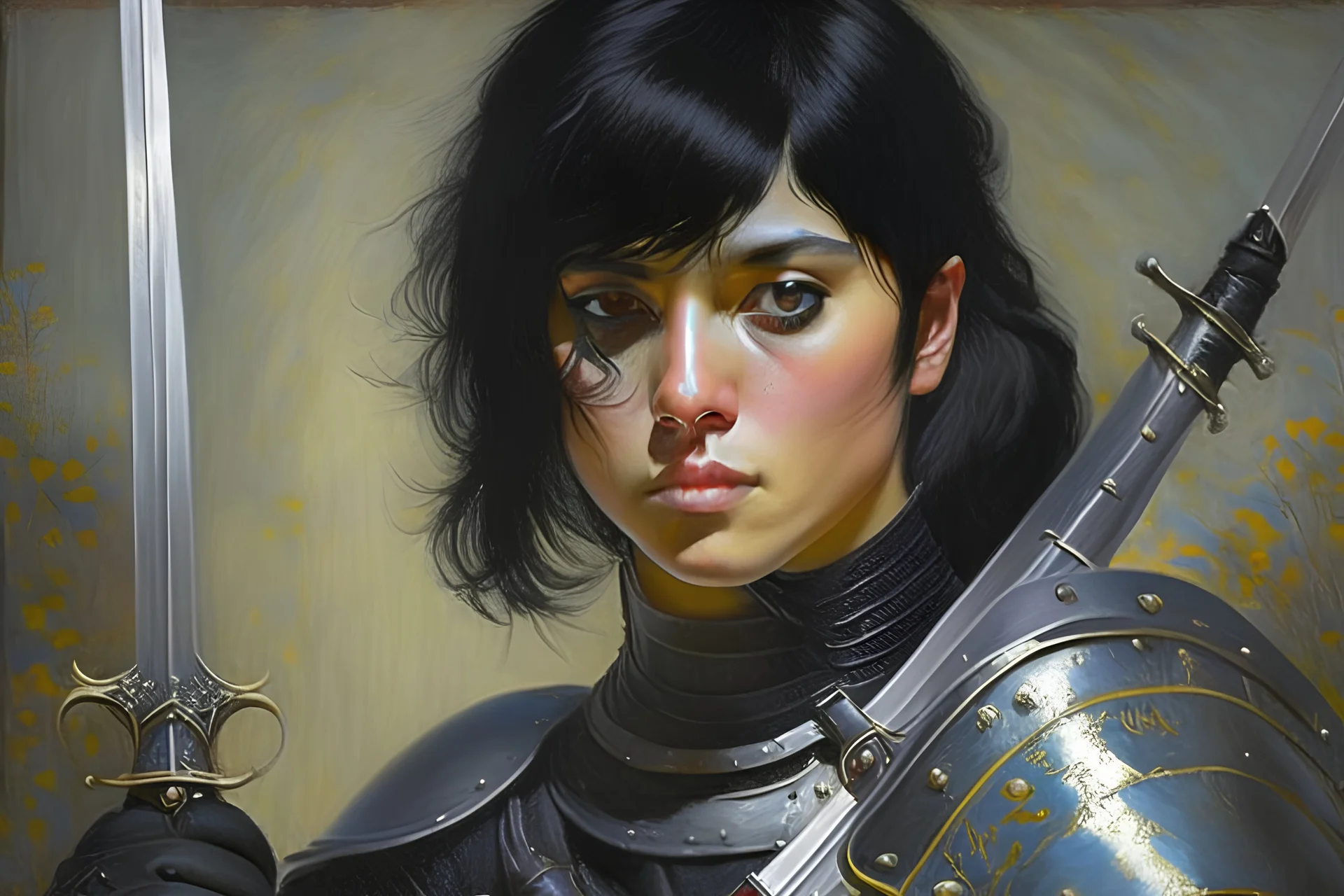 eye covering, female soldier with black hair, a longsword, black armour, 3/4 portrait, Monet style