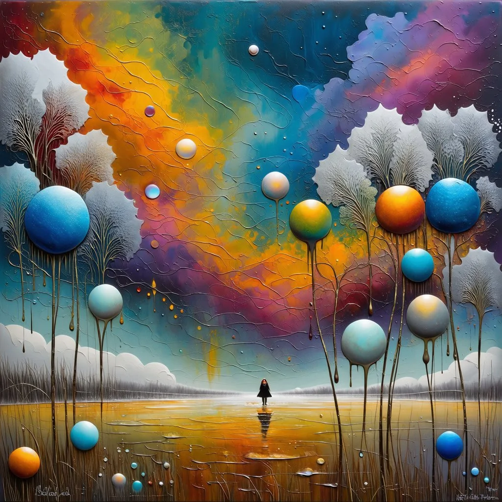 Grunge textured abstract impasto mixed media painting with dripping paint, fantastical otherworldly frozen winterscape with iridescent metallic colors, silver lines, by Andy Kehoe, Klimt, Joan Miro,Ton Dubbeldam, John Hoyland, Amanda Clarke. Reflective frozen pond, surrounded by whimsical, filigree, impressive frosted leaves standing tall on long stems; tendrils, grasses, cattails. Dramatic sky with stormy clouds. with mercury glass patina, glowing golden sparks, vibrant iridescent colours, psyc