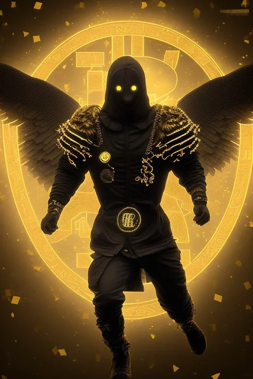 running berserker portrait , no face, black jogging suite , in the night Alps , holding bitcoin , angels background, volumetric gold light, high detail, dark leaf tree, dark mountains in background, perfect