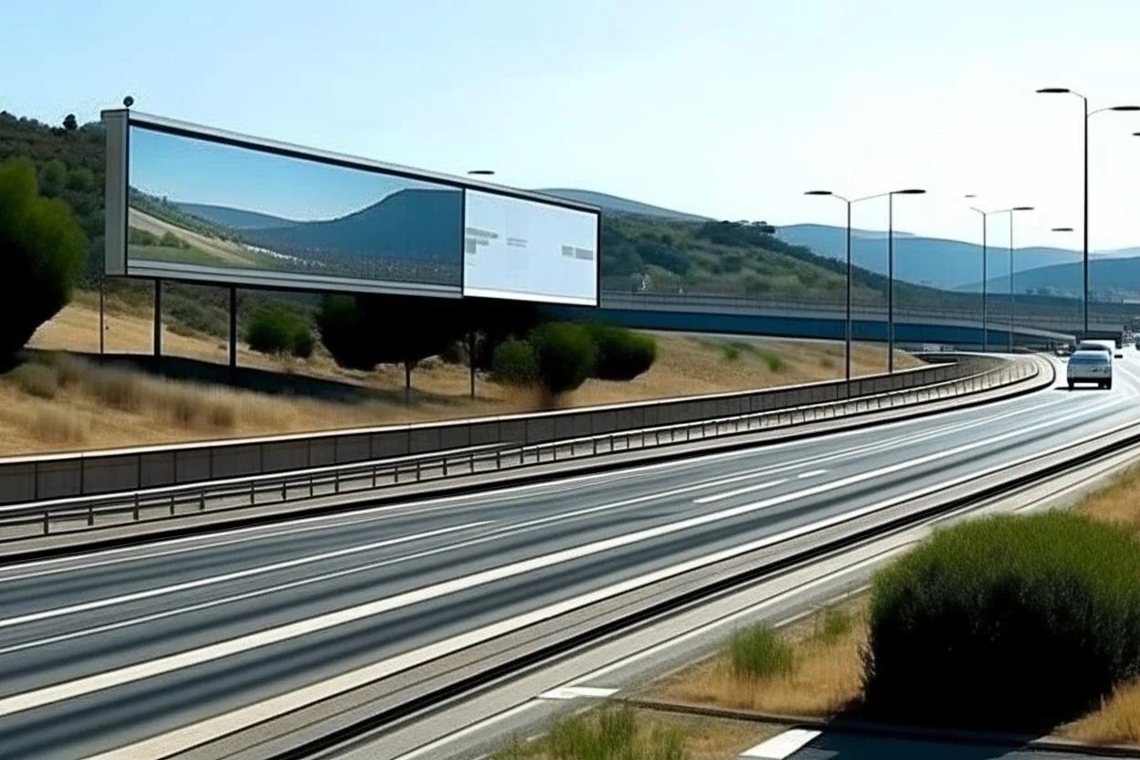 blank billboard, on a Spanish highway, cars driving on the road, front view, real photography, 16K