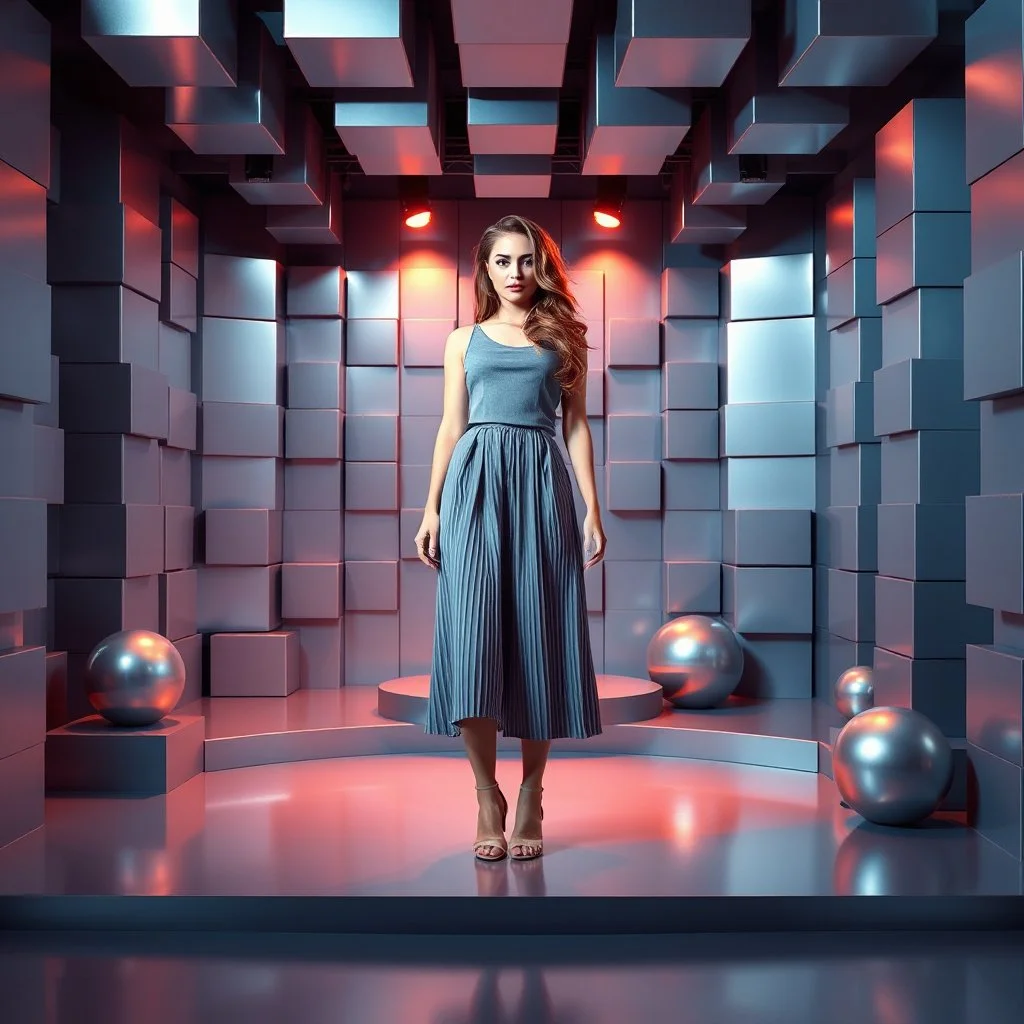 make a picture pretty stage made of metallic blue-gray teme 3d recursive cubic and sphere and cylinder base structures and a beautiful fashion model lady standing with cute in scene with sexy top and pretty pleated midi skirt ,makeup curvy long hair,dynamic camera zoom to full body and pan, dynamic lights.
