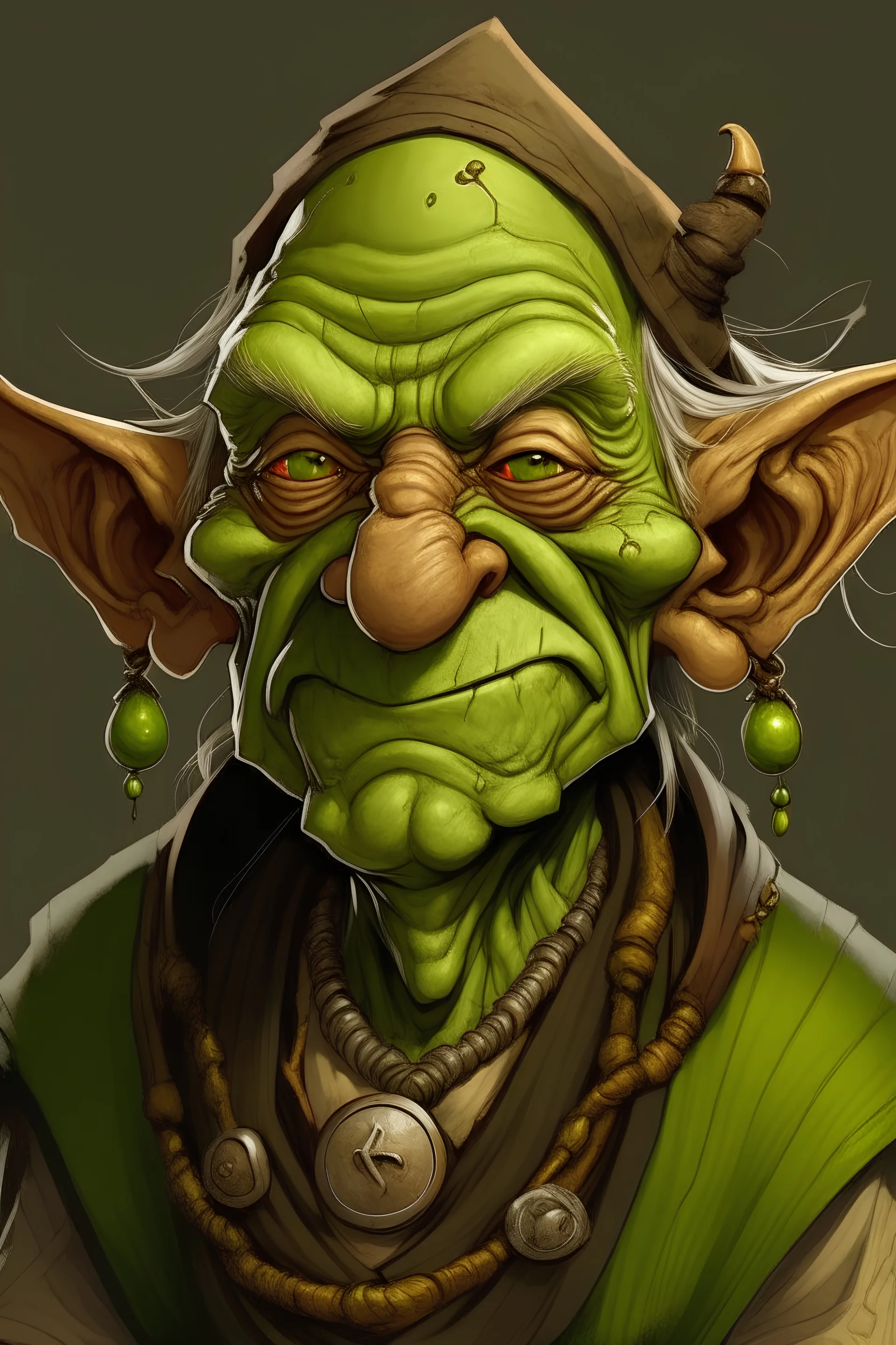 older goblin farmer with green and gold skin that is deeply wrinkled with a few earrings and other piercings.