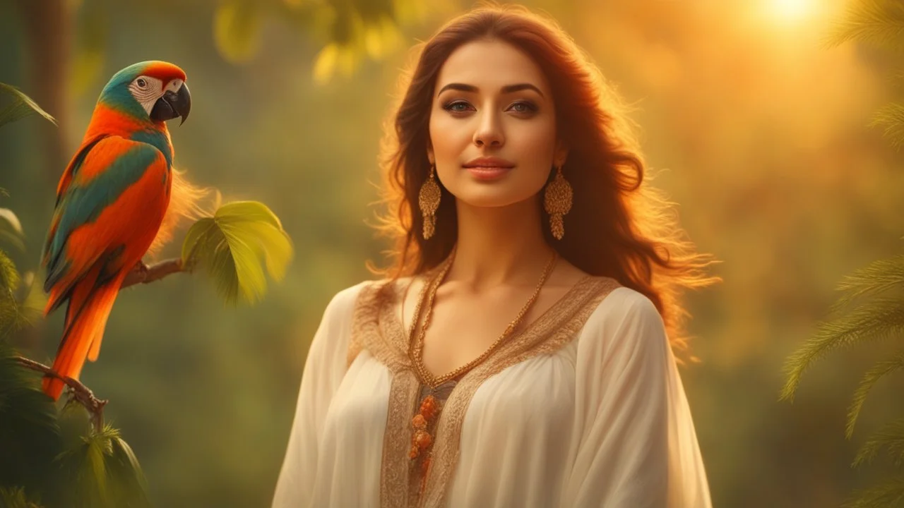 Hyper Realistic close-up-view of a Beautiful-Young-Happy-Pashto-Woman-with-beautiful-eyes-smiling-with-a-parrot, white-dress-&-orange-shawl & breeze-whirling in a jungle-with-tall-trees & cloudy-sunset-&-sun-rays showing dramatic & cinematic ambiance