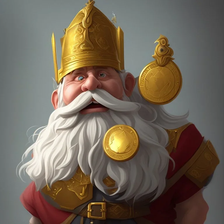 pompous gnome man with white moustache holding a golden coin, medieval fantasy, character art, concept art, stylized