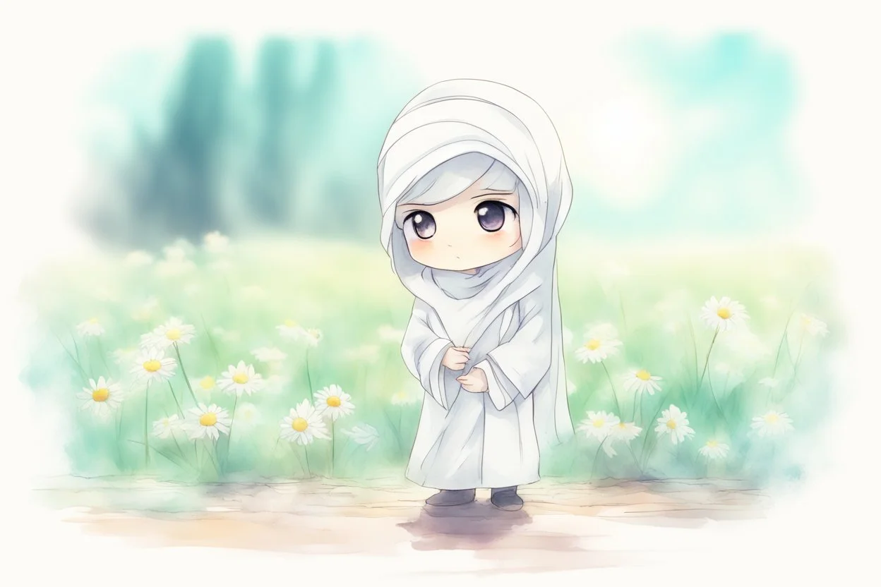 cute chibi anime sheikh, daisyfield, mist, melting watercolor and black ink outlines on wet paper, soft, shading strokes, in sunshine, ethereal, otherwordly, cinematic postprocessing, bokeh, dof