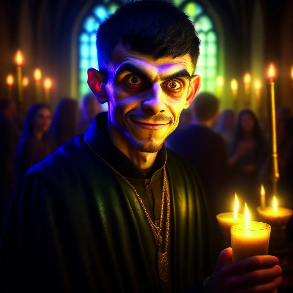 portrait of cursed young priest beauty, wild goblin birthday party on stonebridge background , motion blur, 8k, downlight, soft light, depth of field, photorealism, trending on art station, lotsa detail