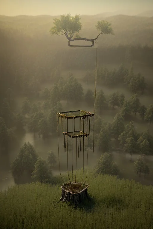 floating trees, roots naked to the misty valley below, long rope ladders sway in the wind, branches become fractals. a windchime of bones,