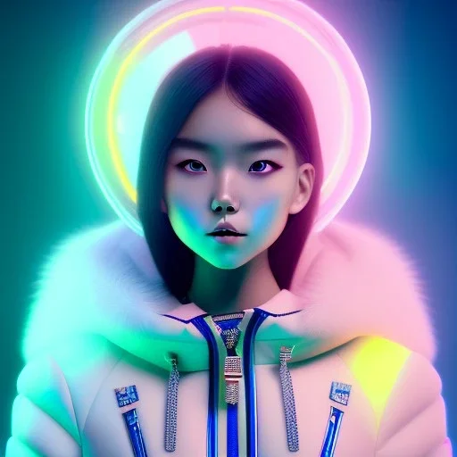 asian woman teenager, few freckles, gold teeth, padded coat, bubbles floating, retro futuristic, latex dress, gradient color, BLUE, PINK, CYAN, neon, insanely detailed, 16k resolution, perfect eyes, cinematic smooth, intricate detail