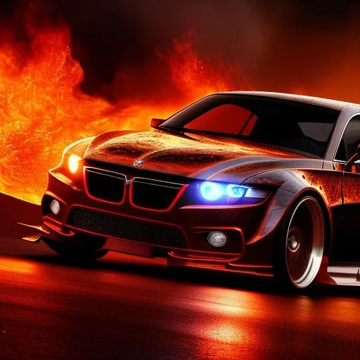 sweeping view of detailed phong shaded rendering of a car made of molten lava, headlights, bumpers, whole car