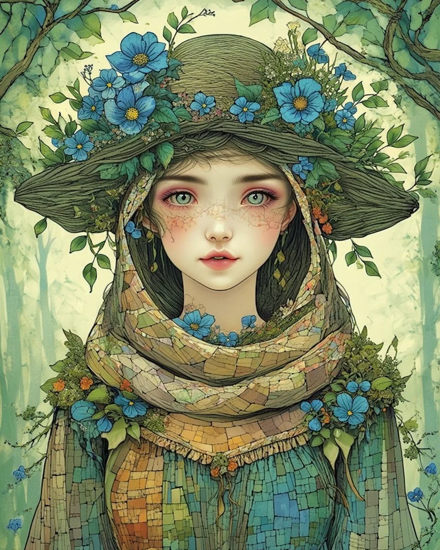 A stunning digital illustration of an ethereal, otherworldly figure embodying the essence of spring. The figure has a whimsical and surreal appearance, with intricate details and a harmonious color palette. She has a delicate, almost doll-like face with expressive eyes that reveal a calm, yet somewhat mysterious expression. This evokes a sense of peace and wonder. Her outfit is a blend of rustic and elegant, with a patchwork pattern that incorporates earthy tones and textures. The garment appear