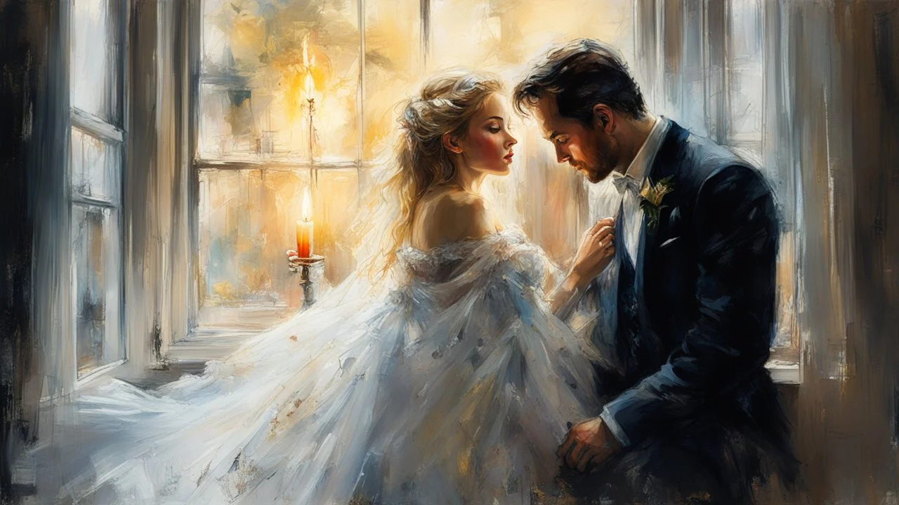 Portrait of a man and a stunningly beautiful blonde woman, made of tulle, window, detailed fabric painting, Candlelight Insanely detailed painting by Pino Daeni, Jeremy Mann, Carne_Griffiths, Vadim Kashin, James Gurney, thick paint strokes, texture, 16k resolution, fine art, natural light, beautiful