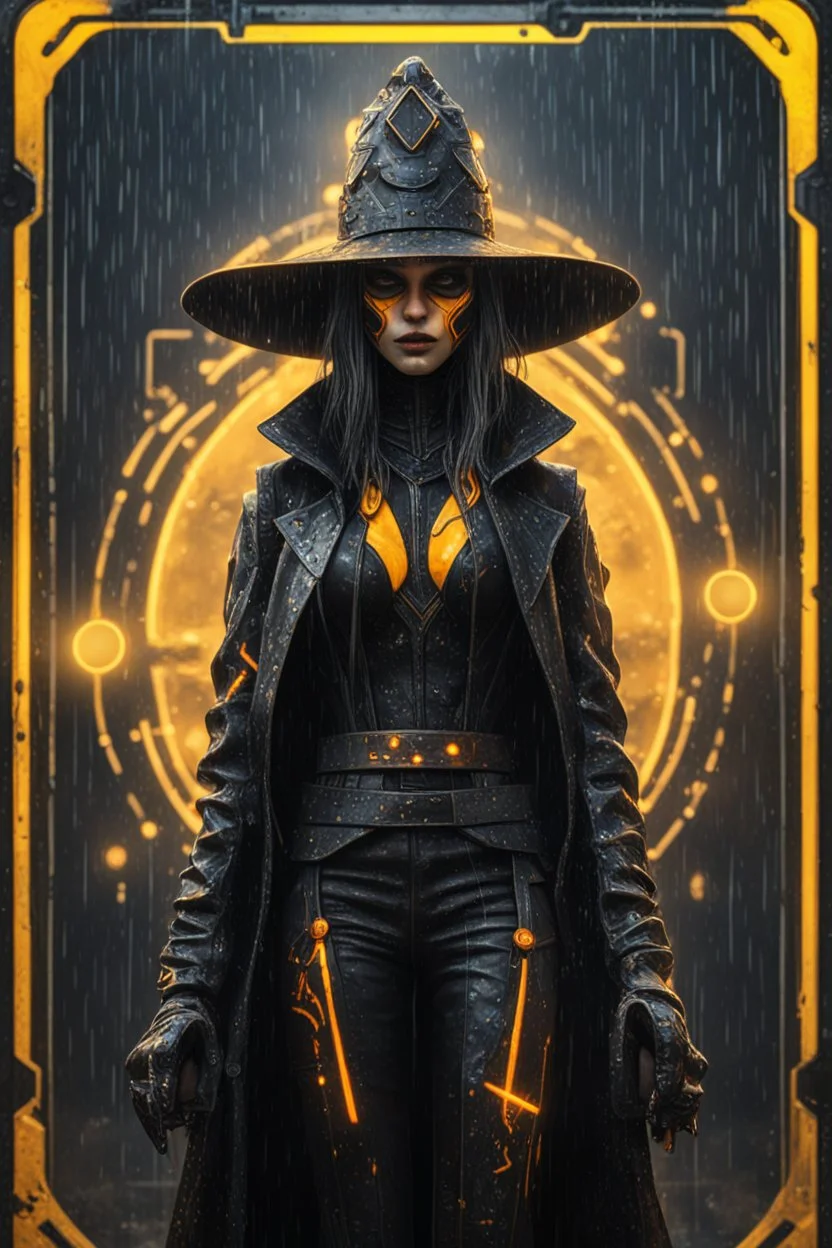 sacred geometry framed playing card, black, yellow and orange neon cyber punk dancer thief in soaked rain coat and cowboy witch hat shadows boss card in the style of Giger and fallout 4 ,,bokeh like f/0.8, tilt-shift lens 8k, high detail, smooth render, down-light, unreal engine