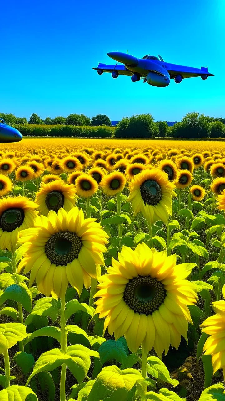 Sunflowers with blue seeds colour and tanks and jet fighters above the field