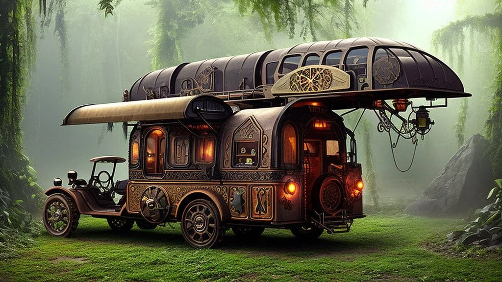 steampunk gipsy caravan crossed with a boat flying high over a jungle with platforms, verandas, and people, intricate