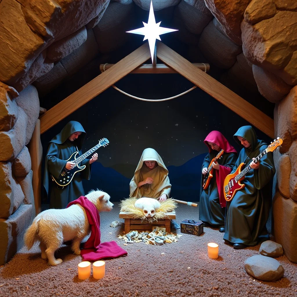 Galactic Nativity scene with a rock band.