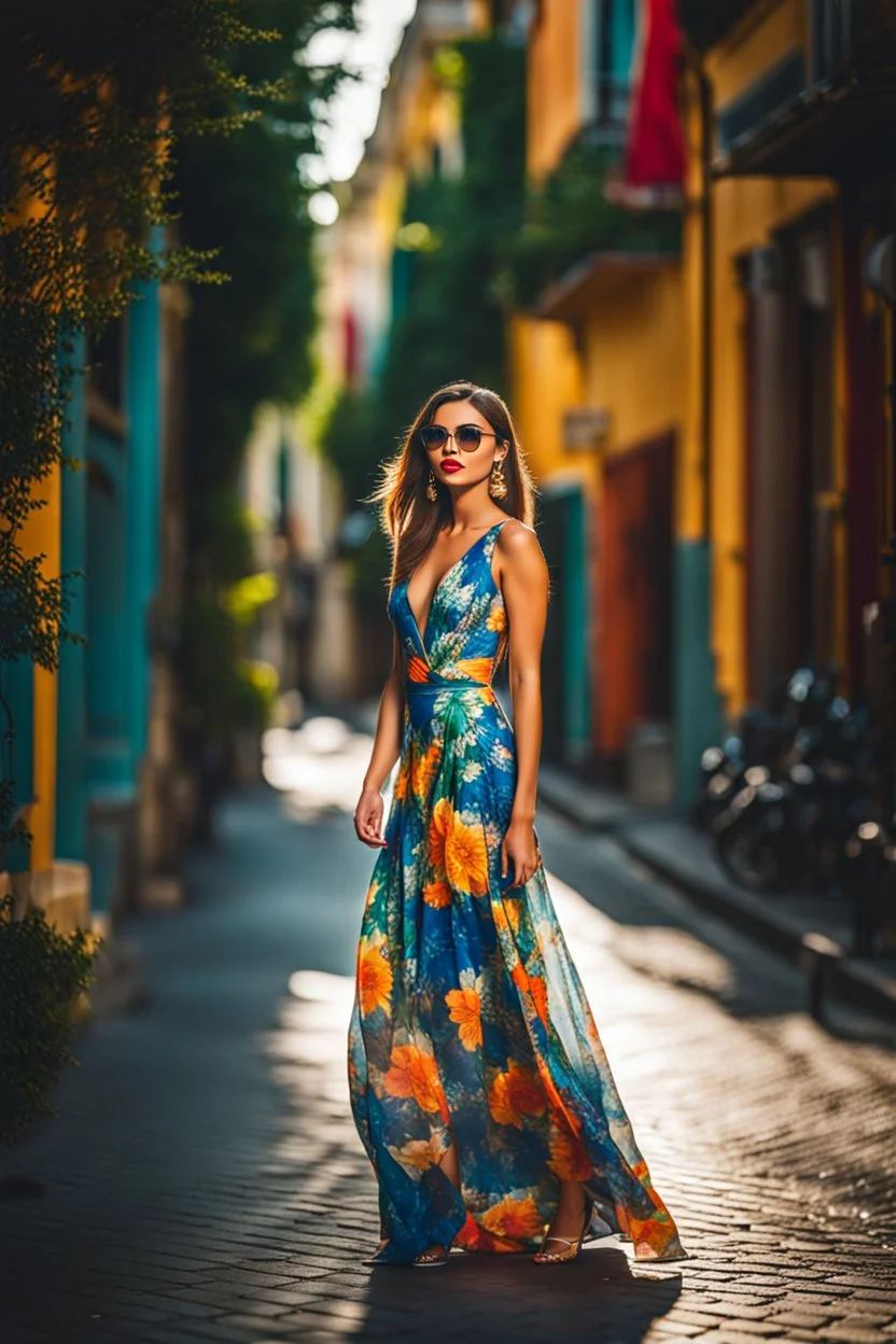 full body shot Young woman, 20 years old, wearing nice fashion dress walk in street,looking to camera soft sunlight accentuating the vibrant hues of her attire, high contrast, candid photo, natural light, ultra realistic