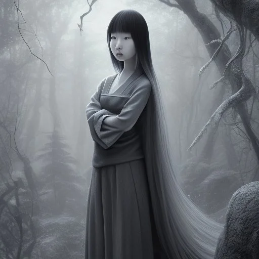 Sadako Yamamura (Ringu, 1998) ; screenshot, Dark Foggy Georgeous Horror Dark Fantasy Art by James Bousema, digital illustration, evil,wild, cold stare ,photo-realistic, 32K,dynamic colors,high details,high definition,crystal clear image,aspect ratio 33:1,DIGITAL ILLUSTRATION by James Bousema Modifiers: Nikon D850 elegant Award winning photography fantasy photorealistic very attractive