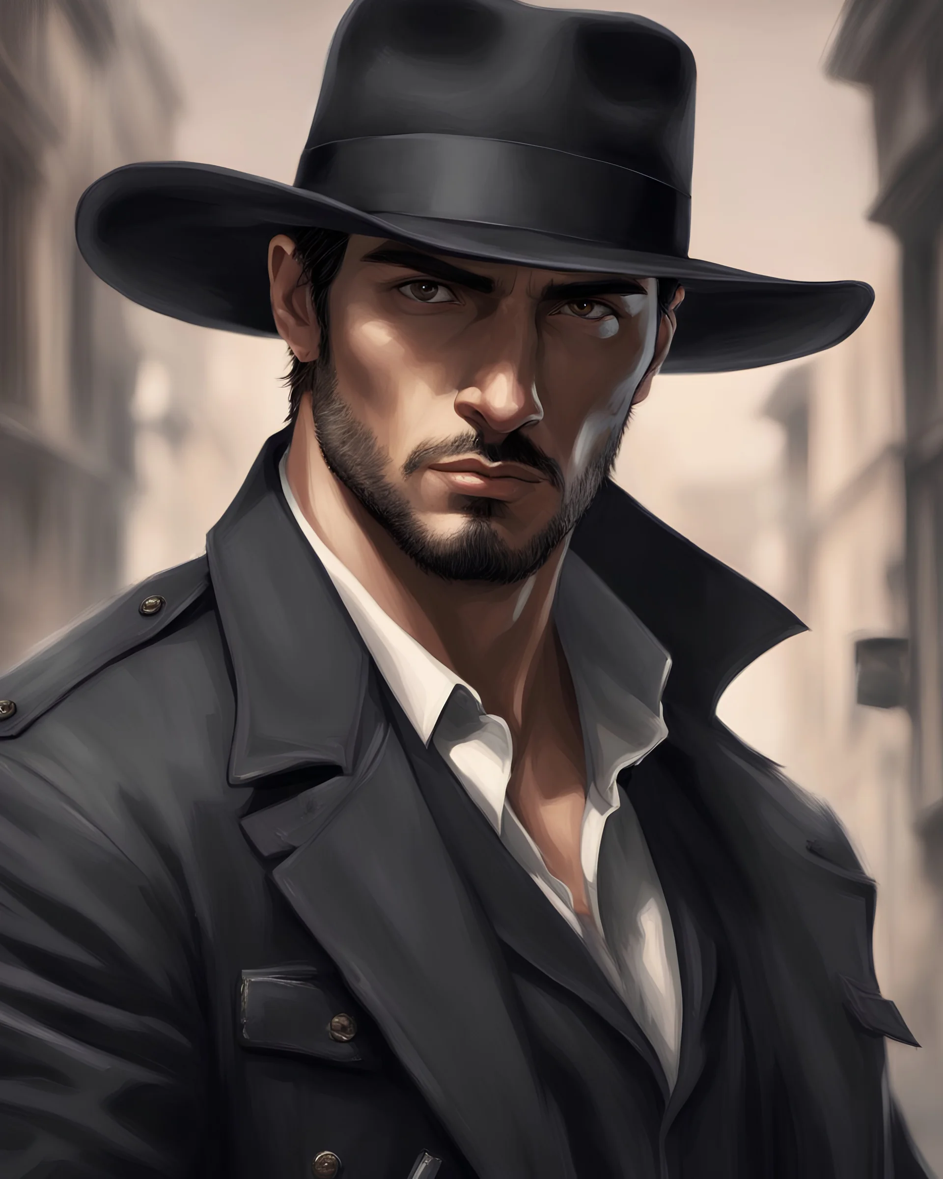 Man He wears Italian gangster clothes He is tall, , has a beautiful face, has brown eyes, and wears a black hat ، He holds a pistol in his hand