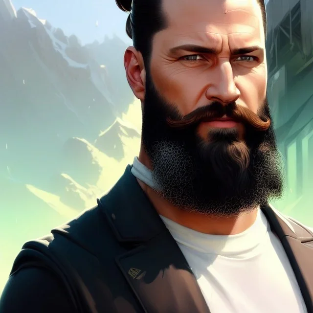 "MIddle aged white human male, with a trimmed but uneven beard, piercing green eyes with slick back hair,complete head and shoulders portrait, 8k resolution concept art portrait by Greg Rutkowski, Artgerm, WLOP, Alphonse Mucha dynamic lighting hyperdetailed intricately detailed Splash art trending on Artstation triadic colors Unreal Engine 5 volumetric lighting Splash art fantasy"