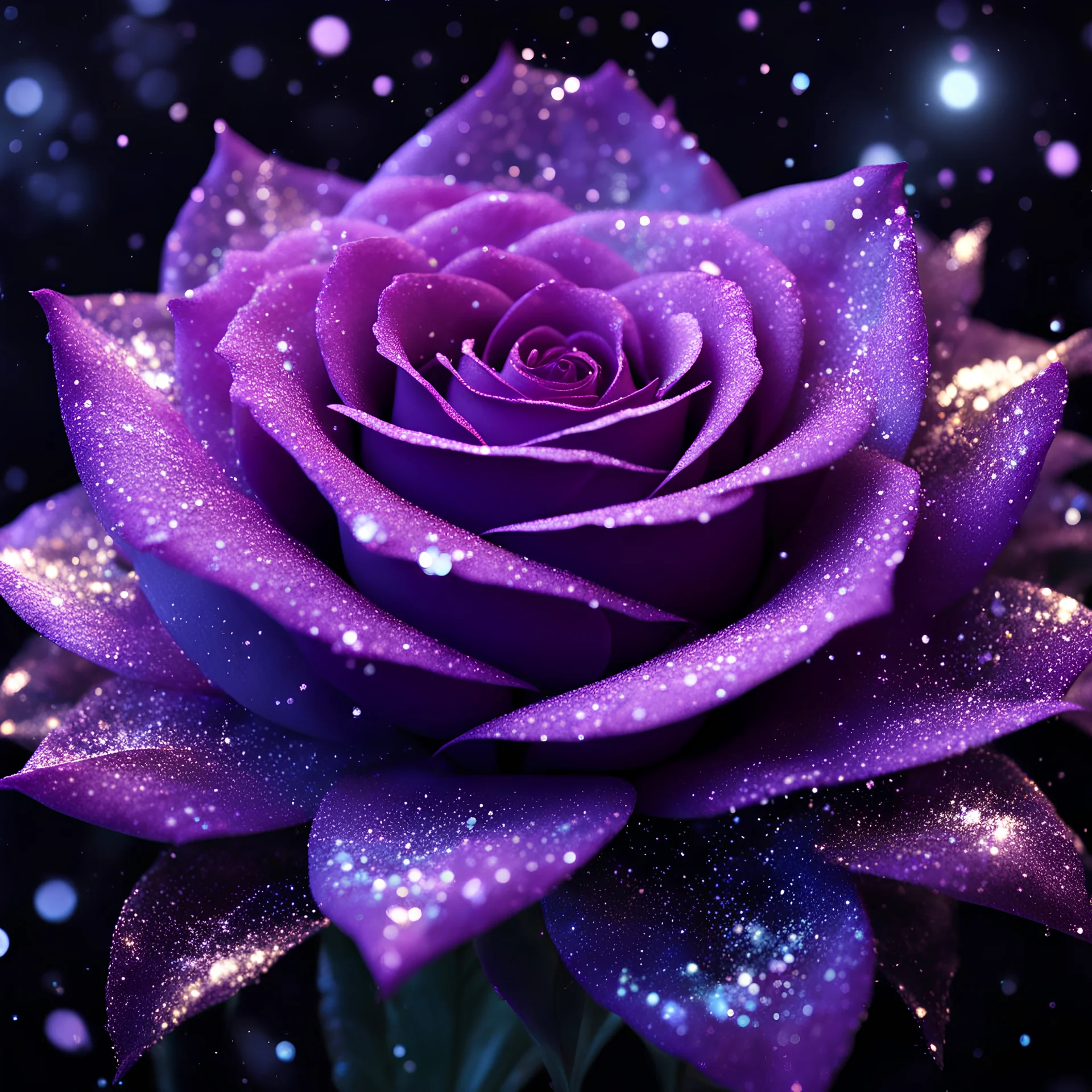 a (frozen:1.1) cosmic rose, the petals glitter with a crystalline shimmer, swirling nebulas, 8k unreal engine photorealism, ethereal lighting, purple, nighttime, darkness, surreal art, black background