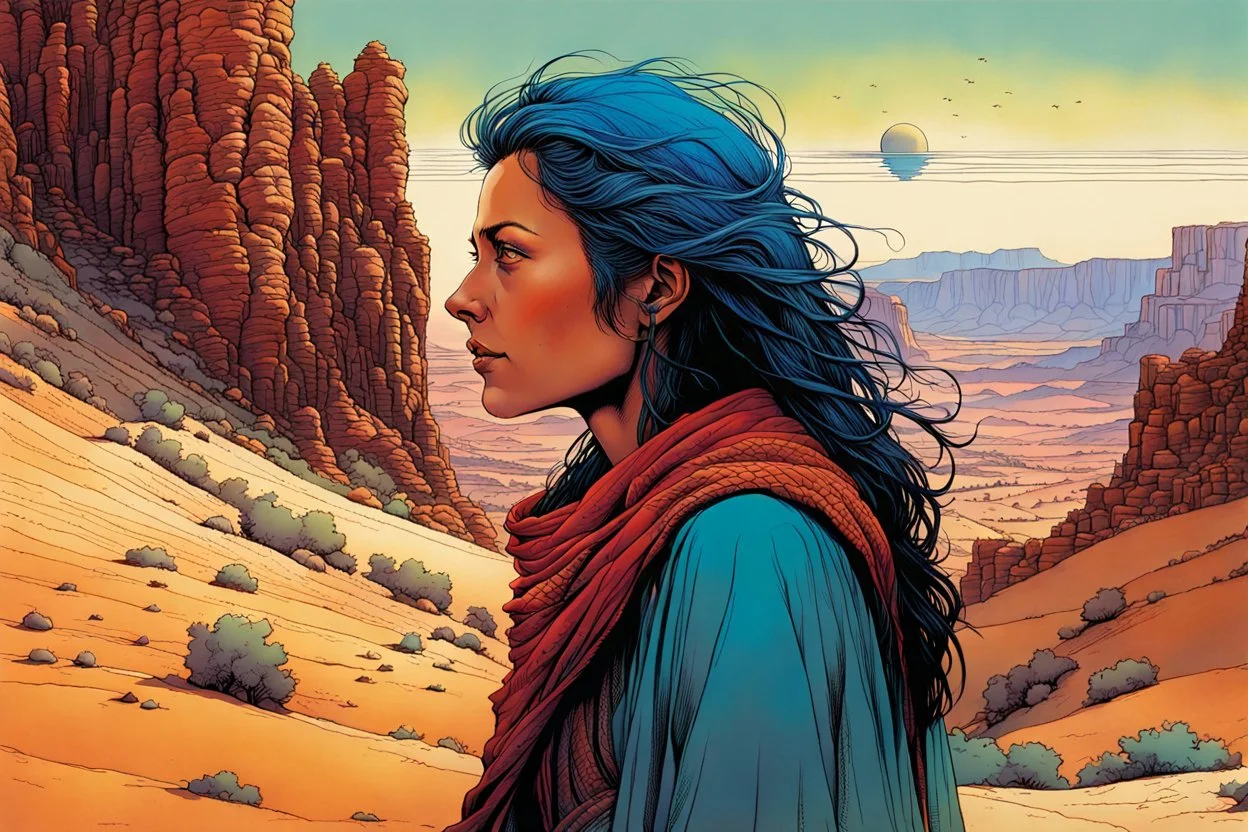 create an portrait of a nomadic shepherdess with highly detailed, delicate feminine facial features, inhabiting an ethereal desert canyon land in the comic book style of Jean Giraud Moebius, David Hoskins, and Enki Bilal, precisely drawn, boldly inked, with vibrant colors