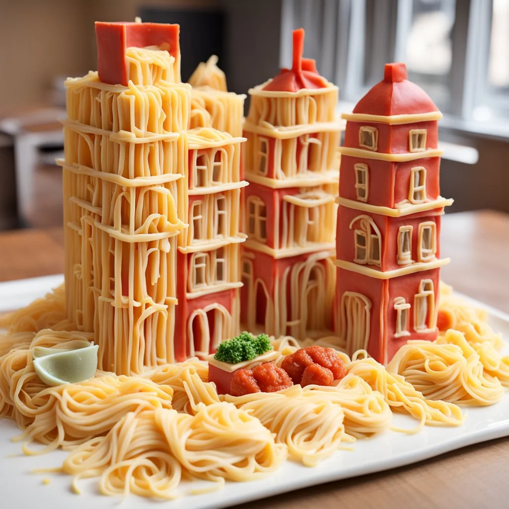 Buildings made out of pasta (with marinara sauce and meatballs)