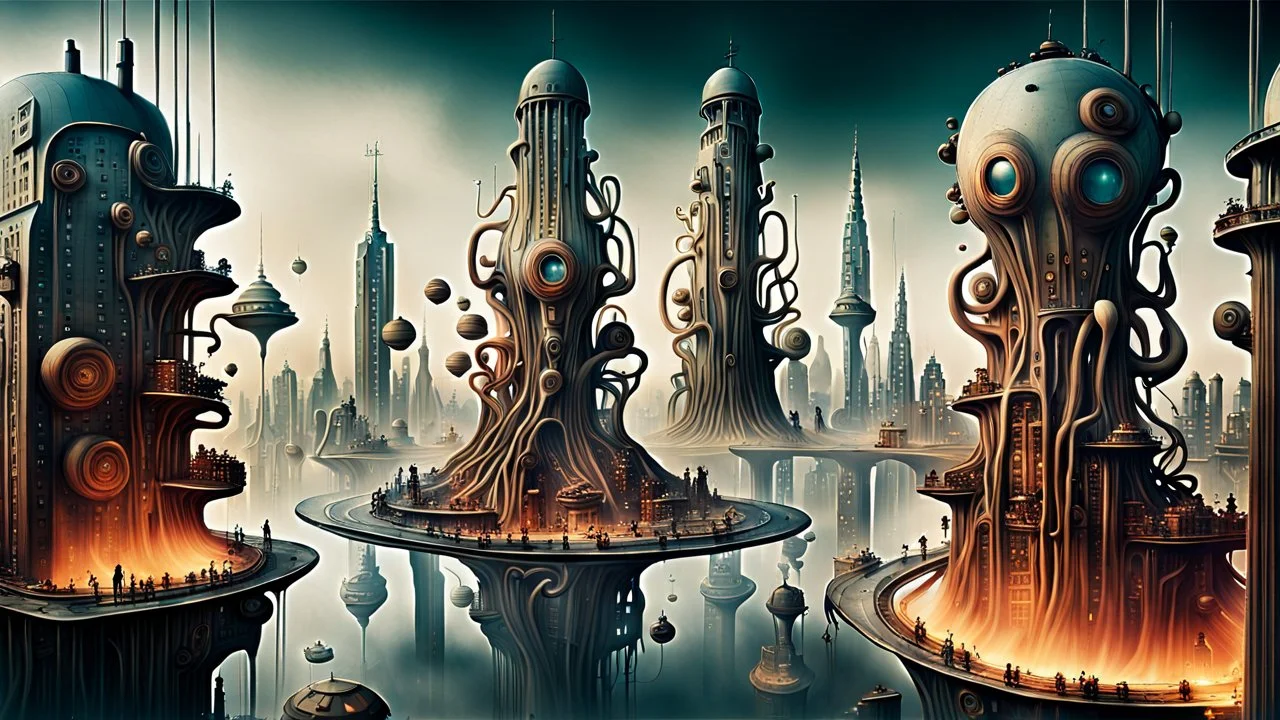 a stunningly weird image of a futuristic metropolis using Salvador Dali's paranoiac-critical method, where buildings and structures appear to melt into the skyline cityscape is filled with floating medusas and mad, twisted metal shapes that interact with the buildings and each other, forming a surreal tableau of a dreamlike reality. neu-steampunk vibe, essence of the scene in a cinematic manner, with dramatic shadows that enhance the distorted perspectives and bizarre mood
