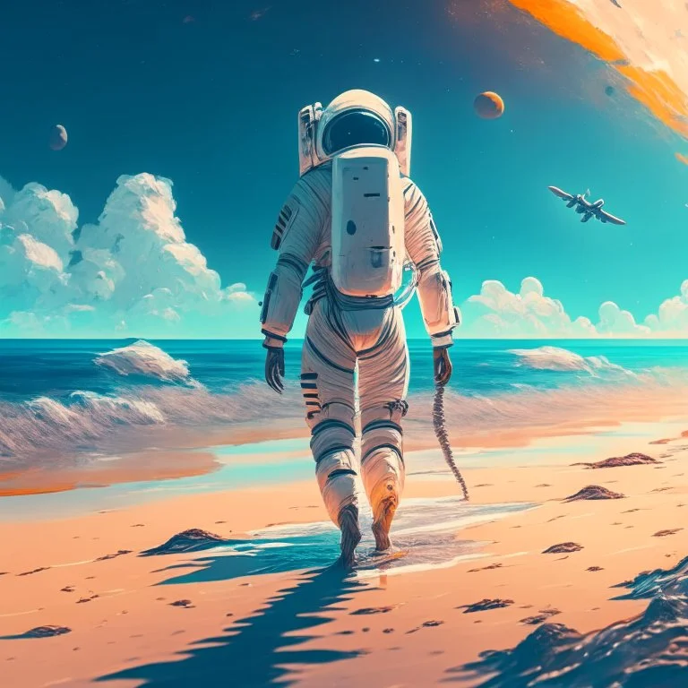 An astronaut walking on the beach of a beautiful sea, digital art, anime style, 4k, full details, high resolution