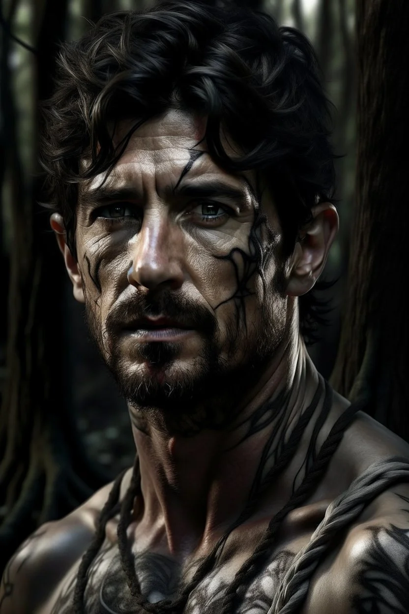 Photographic portrait Patrick Dempsey as fantasy alpha werewolf in human form very muscular short cropped black hair and stubble on chin, tribal tattoos wearing white button up shirt with rolled up sleeves realistic face, close-up, dark fantasy, fantasy forest, intricate details, hyper detailed, deviant art style