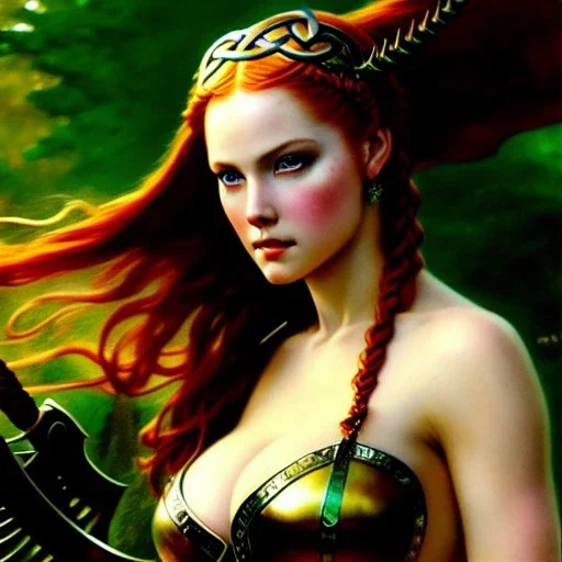 portrait 'beautiful Sexy Busty Redhead Sif',braided long hair,horned helmet, celtic tattoed,crystal clear green eyes,painting by gaston bussiere, greg rutkowski, yoji shinkawa, yoshitaka amano, tsutomu nihei, donato giancola, tim hildebrandt, oil on canvas, cinematic composition, extreme detail,fit full head inside picture,32k