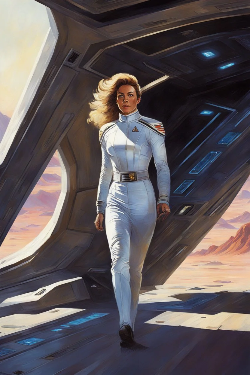 [Kupka] Driven by an unexplained urge, Ensign Williams followed her instincts, venturing outside the secured areas of the Starfleet vessel USS Enterprise in a shuttlecraft. She flew across the desert-like surface of the uncharted Class M planet they were orbiting, leaving the mountains they had been surveying behind. The barren landscape stretched as far as the sensors could detect, a stark contrast to the sleek corridors and bustling activity of the starships she called home. The sterile enviro