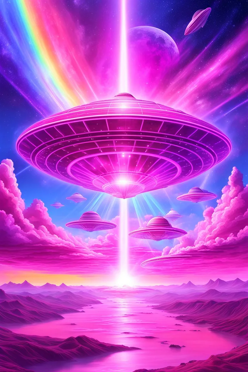 vaisseau interdimensionnel de couleur rose, grands rayonnements, dans un cosmos rose et jeu très étoilé d'or, 8K,ufo rainbow