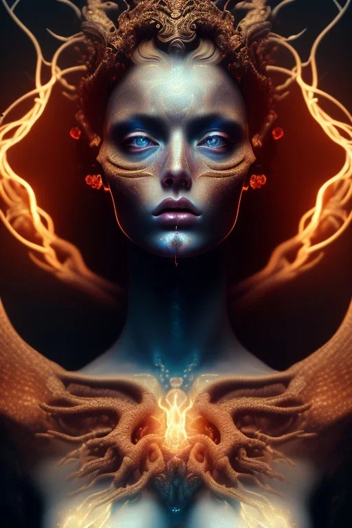 portrait photography of an ethereal beautiful animal goddess, Fire theme art, Dark moody night atmosphere, Portrait of a man by Michelangelo, 8K, close-up face, anatomically perfect face, oak tree roots, ignore NSFW