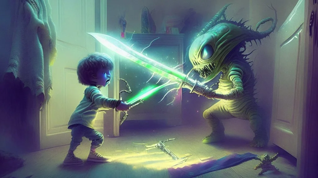 child destroys the alien that came out of his closet with a magical sword