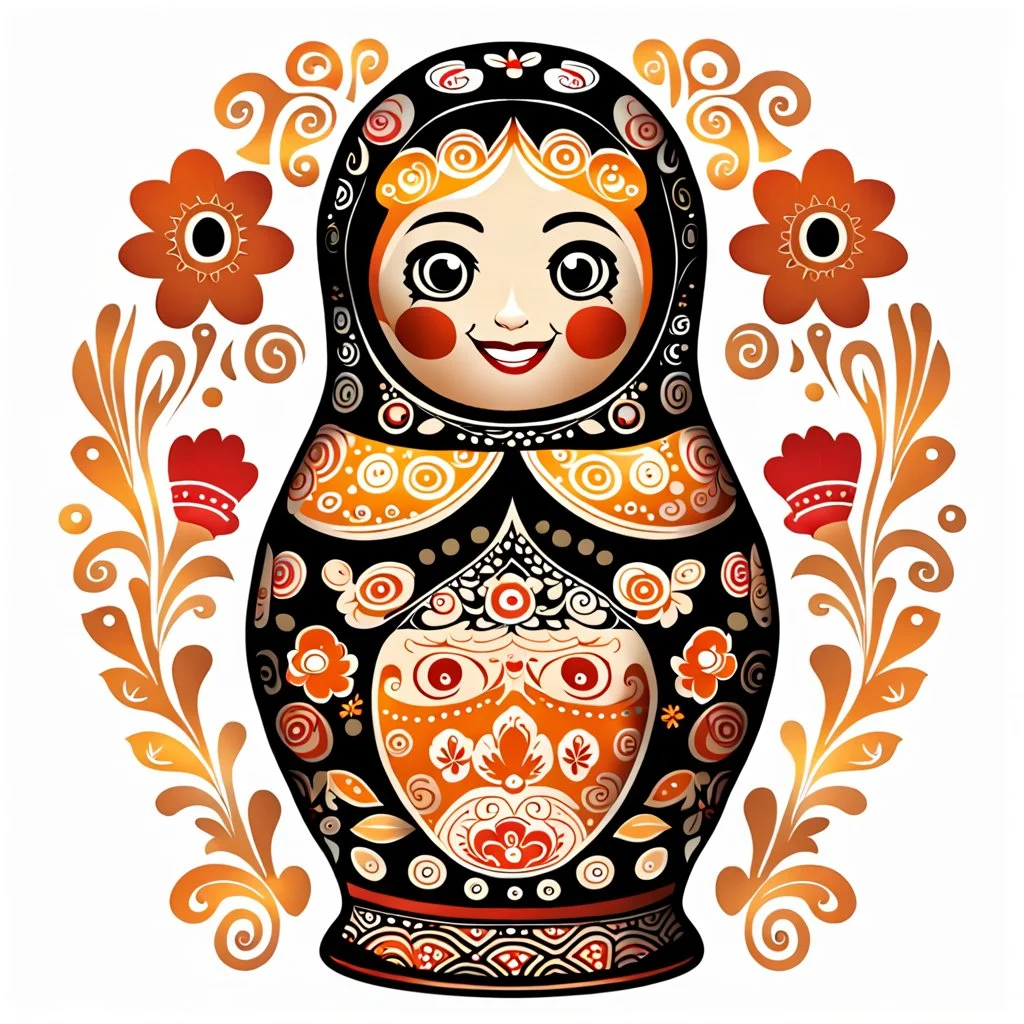 draw matryoshka dolls, the matryoshka is smiling, the kind sweet face of the matryoshka doll, behind the matryoshka Russian patterns in the style of Khokhloma