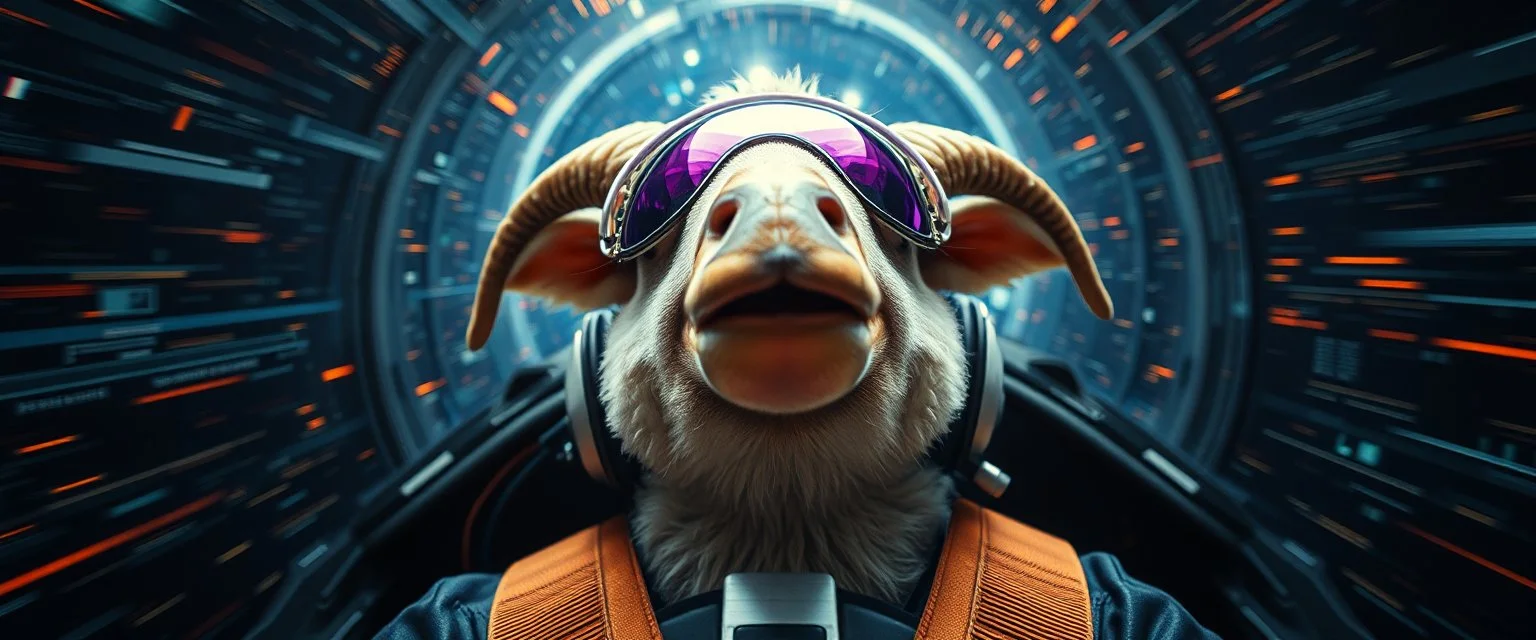 hyper sonic space warp crash pilot ,weird experiment gone wrong perspective close up portrait of dj sheep platypus duck pilot looking down on cam, with background in the style of escher and giger, a chill contrapunctus fugue in the style of fsol, beethoven, goa trance breaks, dancefloor drum and bass,