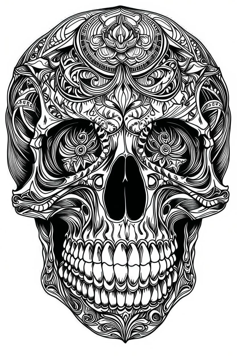 outline art for horror ink tracing coloring pages for adults with skull, white background, Sketch styl, only use outline. Mandala style, clean line art, no shadows and clear and well outlined, Intricate Patterns and Details