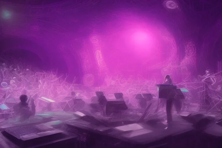 look from aboce at An orchestra playing on stage purple color scheme, high key lighting, volumetric light high details psychedelic background