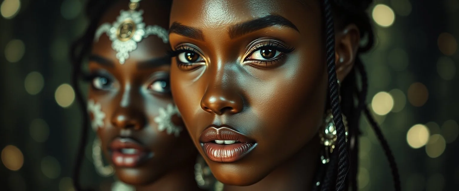 Close up portrait, From the shadows, they rise, with a spark in their eyes, Ethereal echoes of a world we once knew, With the glam and the glamor, we reach for the skies, Cosmic rhythms pull us through, [Chorus] Suti came for our world, with the power to ignite, Dancing through the stars, we find our light.