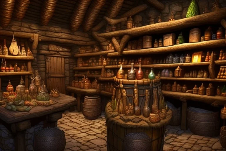 inside of a medieval shop, wooden walls, log pillars, stone bar with shop keeper behind it, magical ingredients on display and weapons on display. people, elves, goblins, orcs, dwarves and lizard folk in room. low lighting and creatures in containers. shelves half empty