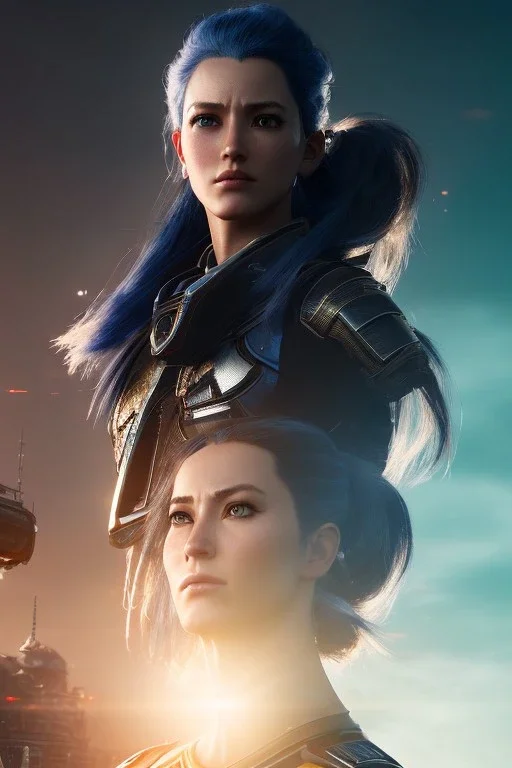 Middle age female Cyborg anime warrior, orange eyes, gray hair with dark blue hair, messy ponytail hairstyle, waist up portrait,4k resolution, intricate details, ornate details, soft lighting, vibrant colors, retroanime, masterpiece, intricate eyeliner, dark eyeshadow, futuristic cityscape background