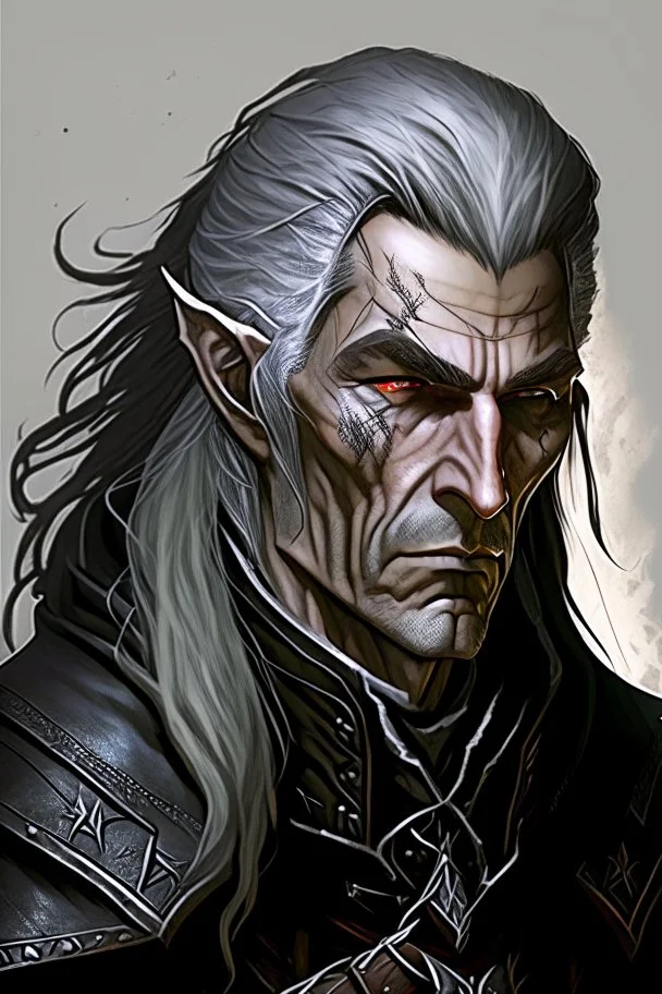 ancient grizzled, gnarled elf mage, he has long, grey hair streaked with black, highly detailed facial features, and sharp cheekbones. His eyes are black. He wears weathered medieval leather clothes. he is lean and tall, with pale skin, full body with thigh high leather boots and has a dark malevolent aura in the comic book style of Bill Sienkiewicz and Jean Giraud Moebius in ink wash and watercolor