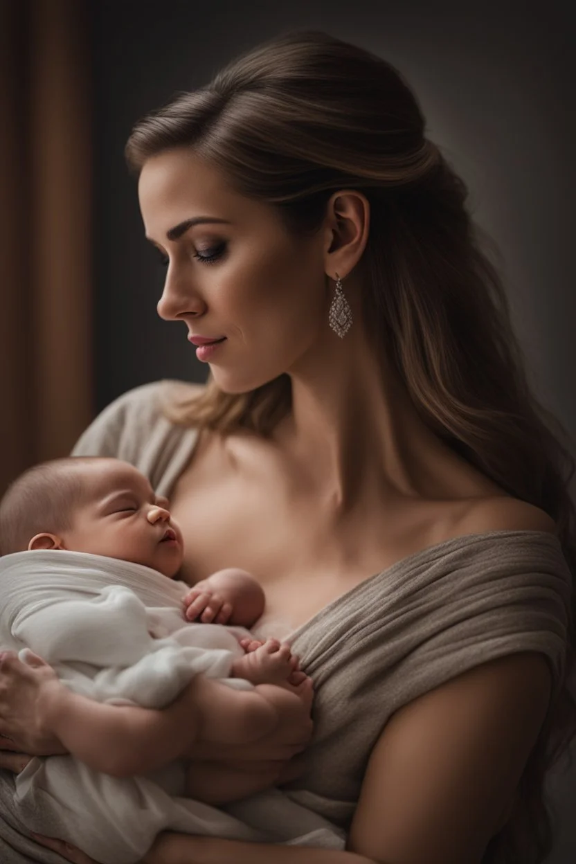 A hyper-realistic, A tender moment between a mother and her newborn, as she lovingly cradles her baby while breastfeeding. full size ,Photo Real, HOF, full size, practicality,manufacturability,performance, (((realism, realistic, realphoto, photography, portrait, realistic, elegant, charming, , professional photographer, captured with professional DSLR camera, trending on Artstation, 64k, ultra detailed, ultra accurate detailed, bokeh lighting, surrealism, Thomas Kinkade backgroun