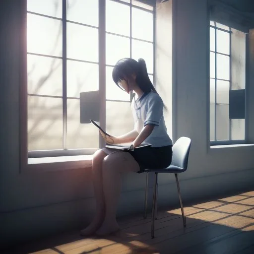 female student studying by the window, anime style,perfect face, cool face, ultra detail, unreal engine 5, cinema4d, sun light, studio lighting --ar 1:1 --v 4