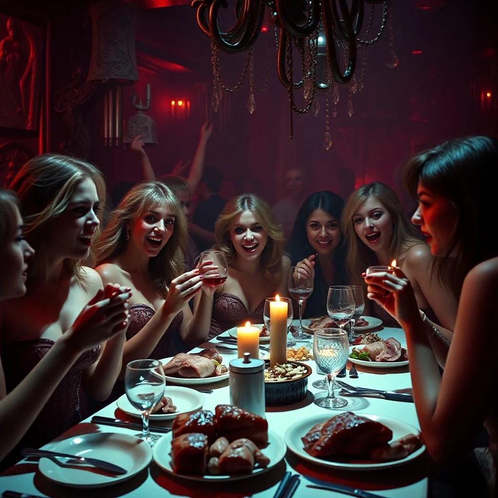 Horror movie shot, spooky, ultra realistic, dine, ultra realistic hot women, party, hot, pieces of meat, organs, ail, dynamic, very excited people, hypermaximalist figures, light, 1970's Italian horror movie, sinister, Dario Argento, Stanley Kubrik, ornate, 4k, photorealism, horror, chaos, party