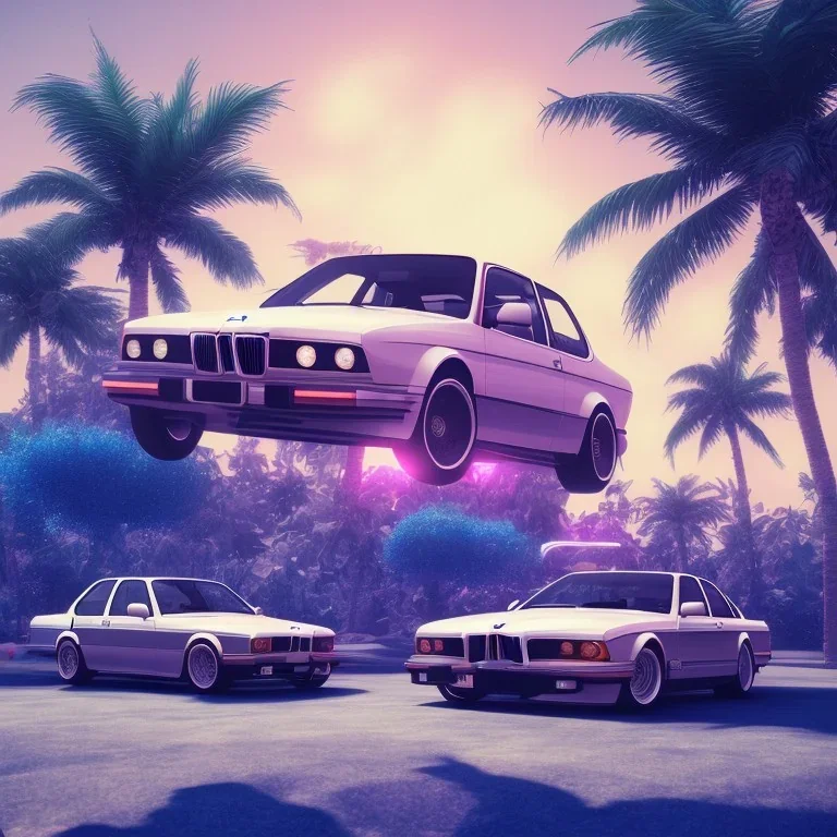 1980's aesthetic vaporwave palm trees and spheres and bmw