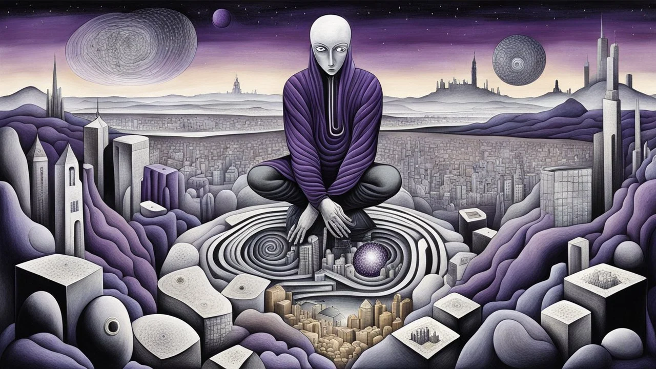 inner world ,a nonbinary human figure crouched in the middle of a multi-layered thick amorphous block of stone consisting of several layers, around weird whimsical landscape city in the distance, pale eyes, pale hands faint human figures, dark purple, gray, black, white, brown. Whimsical style of Chagall , of Minjae Lee and Anton Semenov, lonely with absurd broken land, neuron network background, surreal vibe