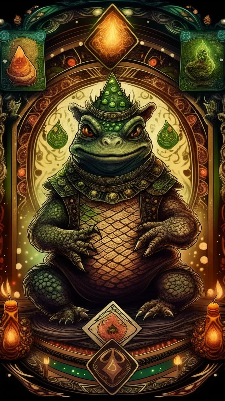 mandala style framed playing card illustration, close up portrait of a happy blessed ancient magical scaly slimy weird Bullywug mad max soldier posing for photo shoot on a throne, holding a burning sceptre, in a space alien mega structure with stairs and bridges woven into a sacred geometry knitted tapestry in the middle of lush magic jungle, bokeh like f/0.8, tilt-shift lens 8k, high detail, smooth render, down-light, unreal engine, prize winning