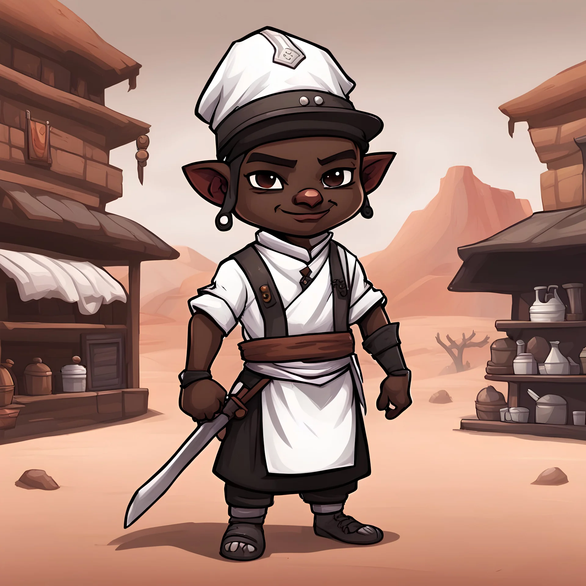 Abdahel is a redguard with dark skin in a buchers outfit which is gray with a white apron and a grey cap, in chibi art style, background desert butcher's shop